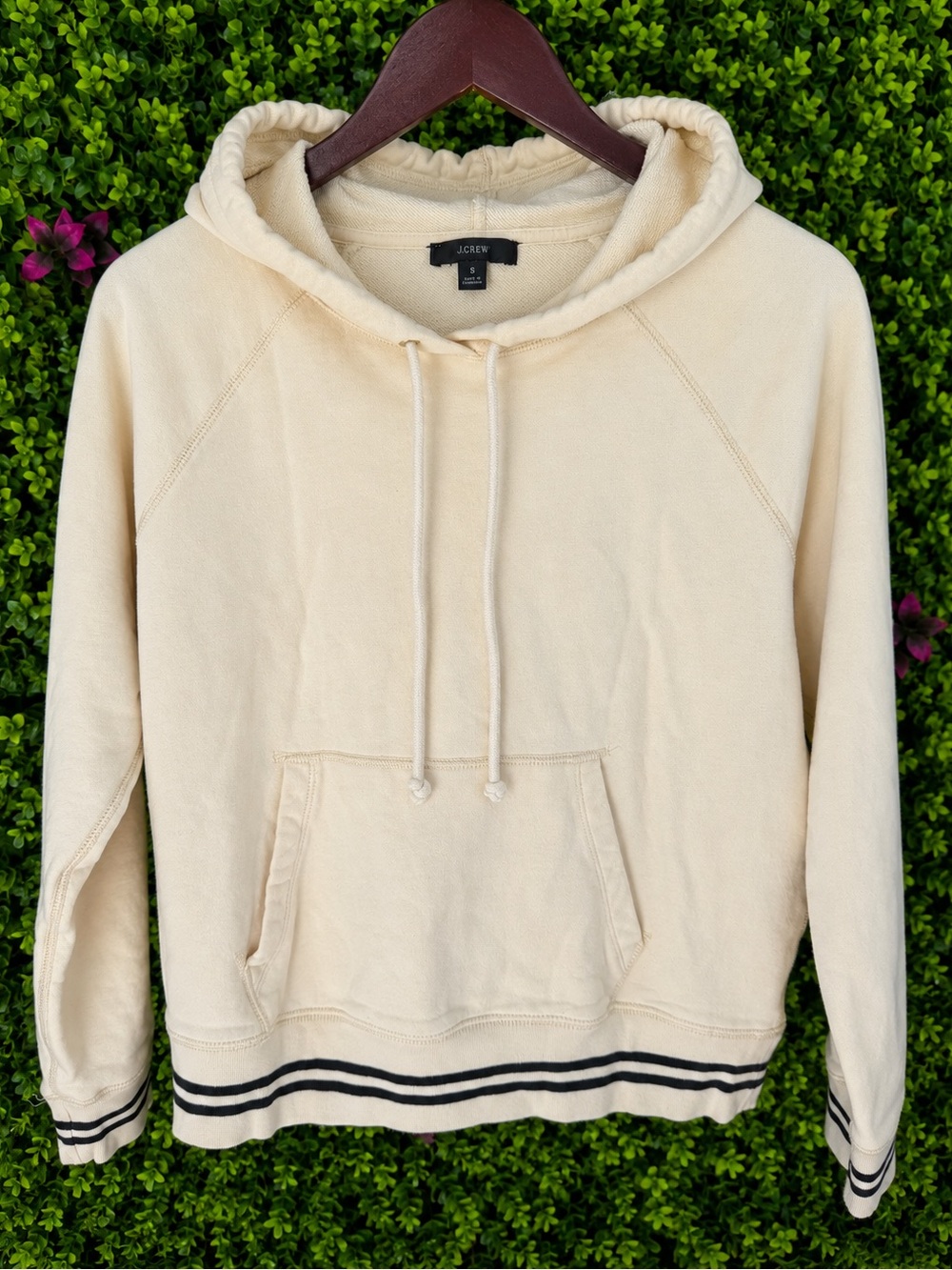 J.Crew 100% Cotton Cream Navy Stripe Pullover Hoodie Sweatshirt Size Small - Picture 2 of 8